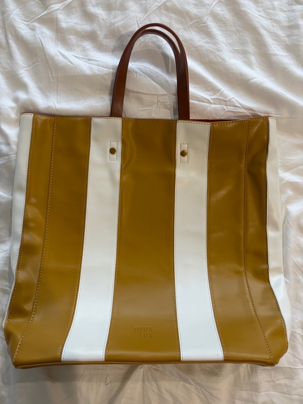 Deux Lux Vertical Stripe Tote in Mustard, White & Brown Handles